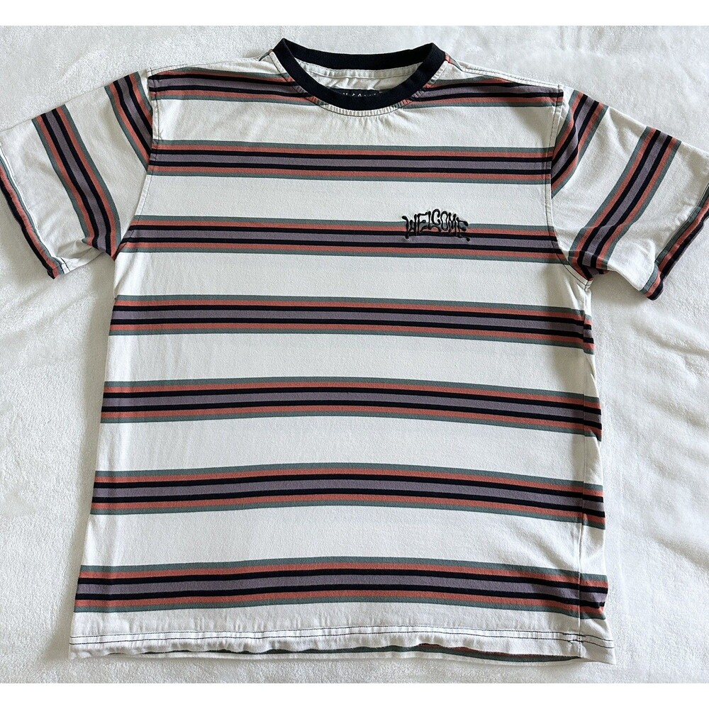 Welcome Skateboards Thelema Striped Knit T Shirt Mens Large Bone Multi Color